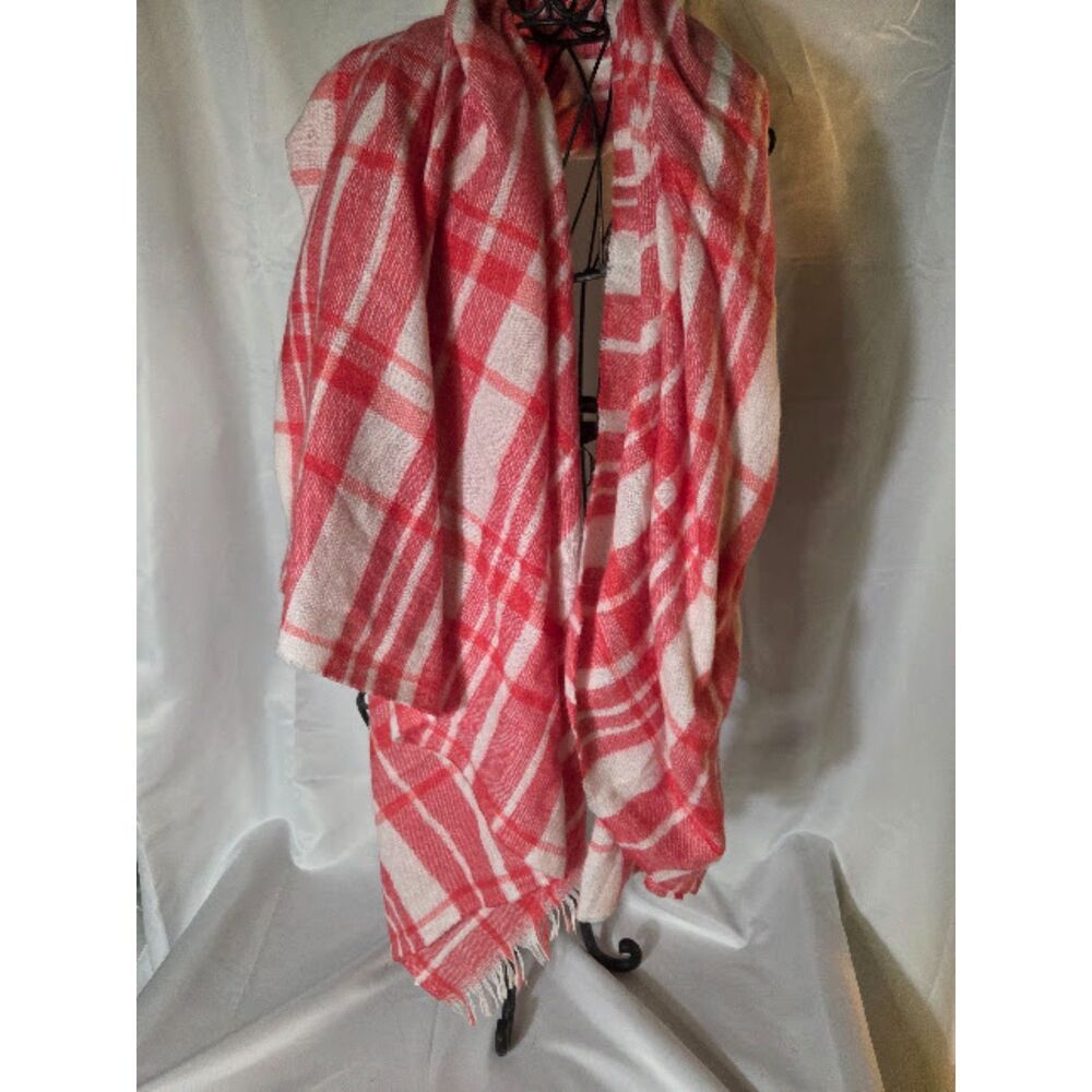 S127.  Plaid Coral and White Extra Large Scarf Shawl